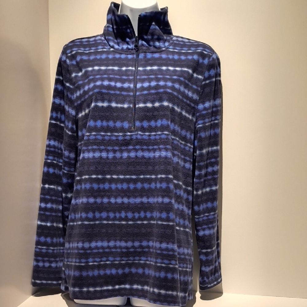 Exertek Women's Top Blue/Black Pattern Long Sleeve Zipper Neckline Large
